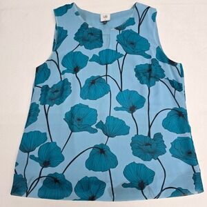 Cabi Womens Blue Teal Poppy Floral Sleeveless Blouse Top Keyhole Size M